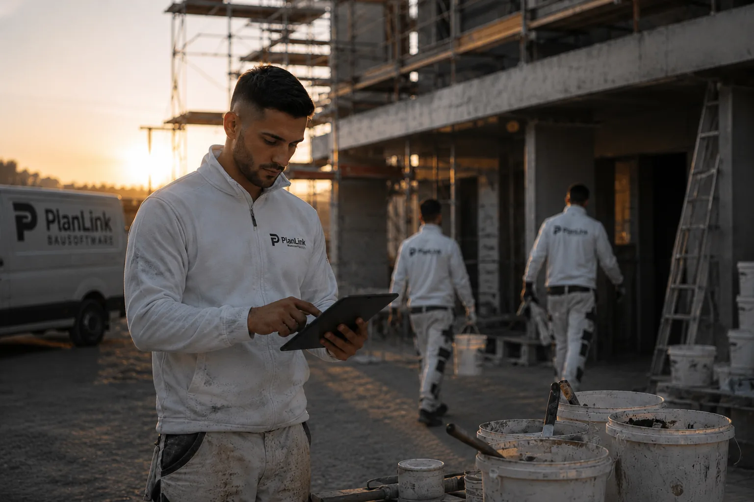 Zwei Bauarbeiter übergeben sich ein Tablet auf der Baustelle im Sonnenuntergang