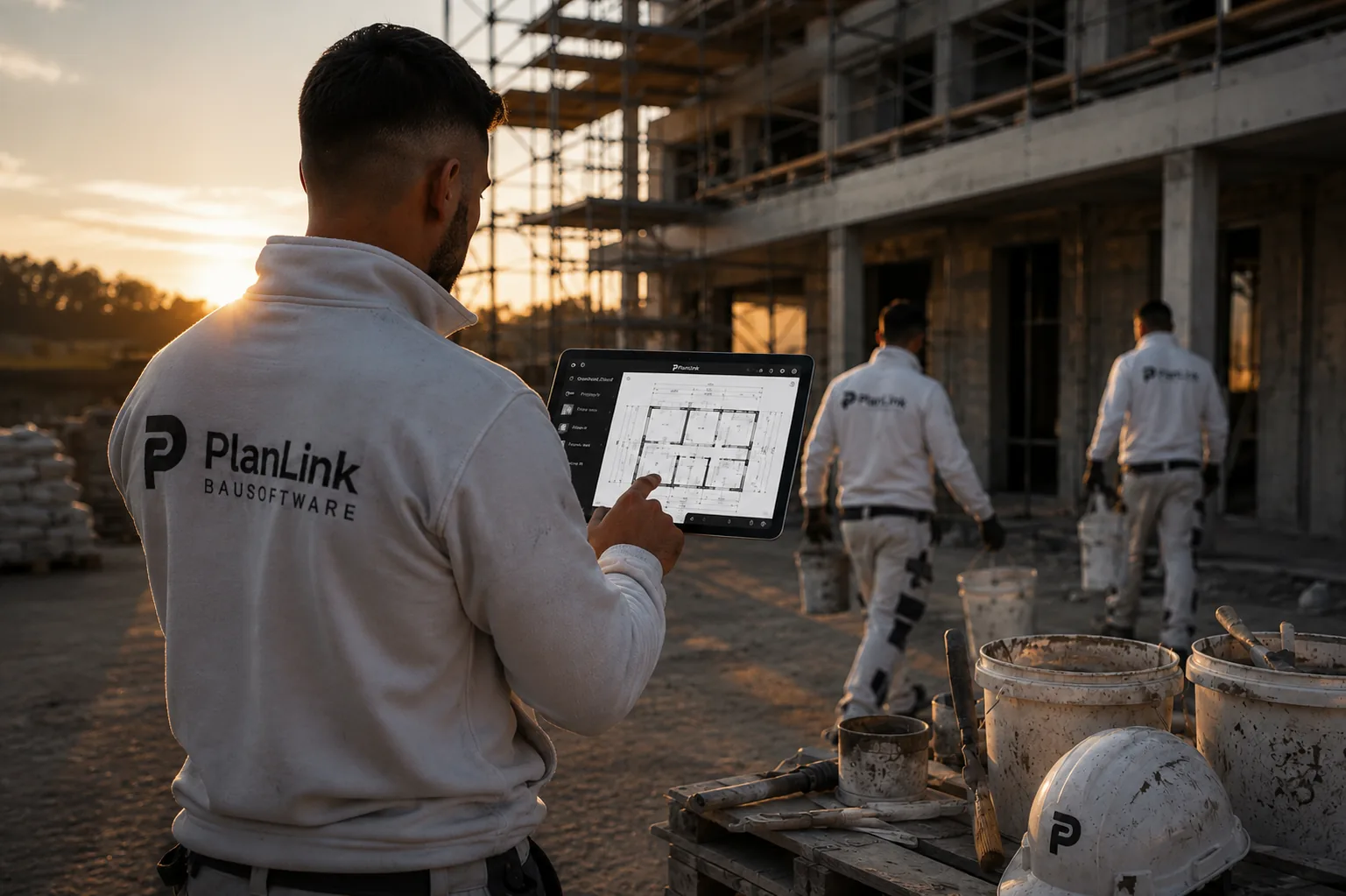 Hand zeichnet auf einem Tablet auf der Baustelle